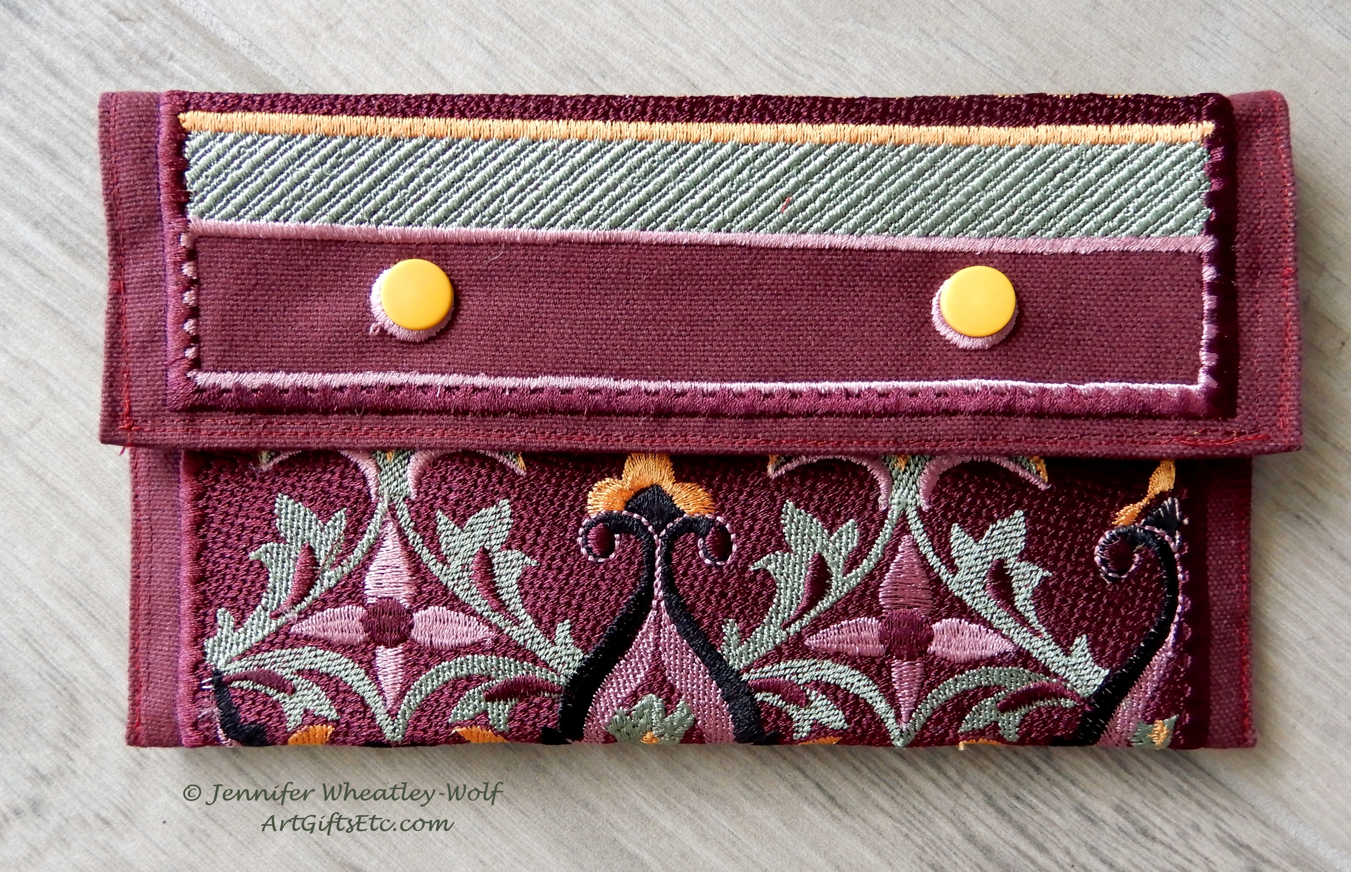large-tapestry-embroidered-wallet-mint-burgundy-front-Jen's-Bag-embroidered-bag