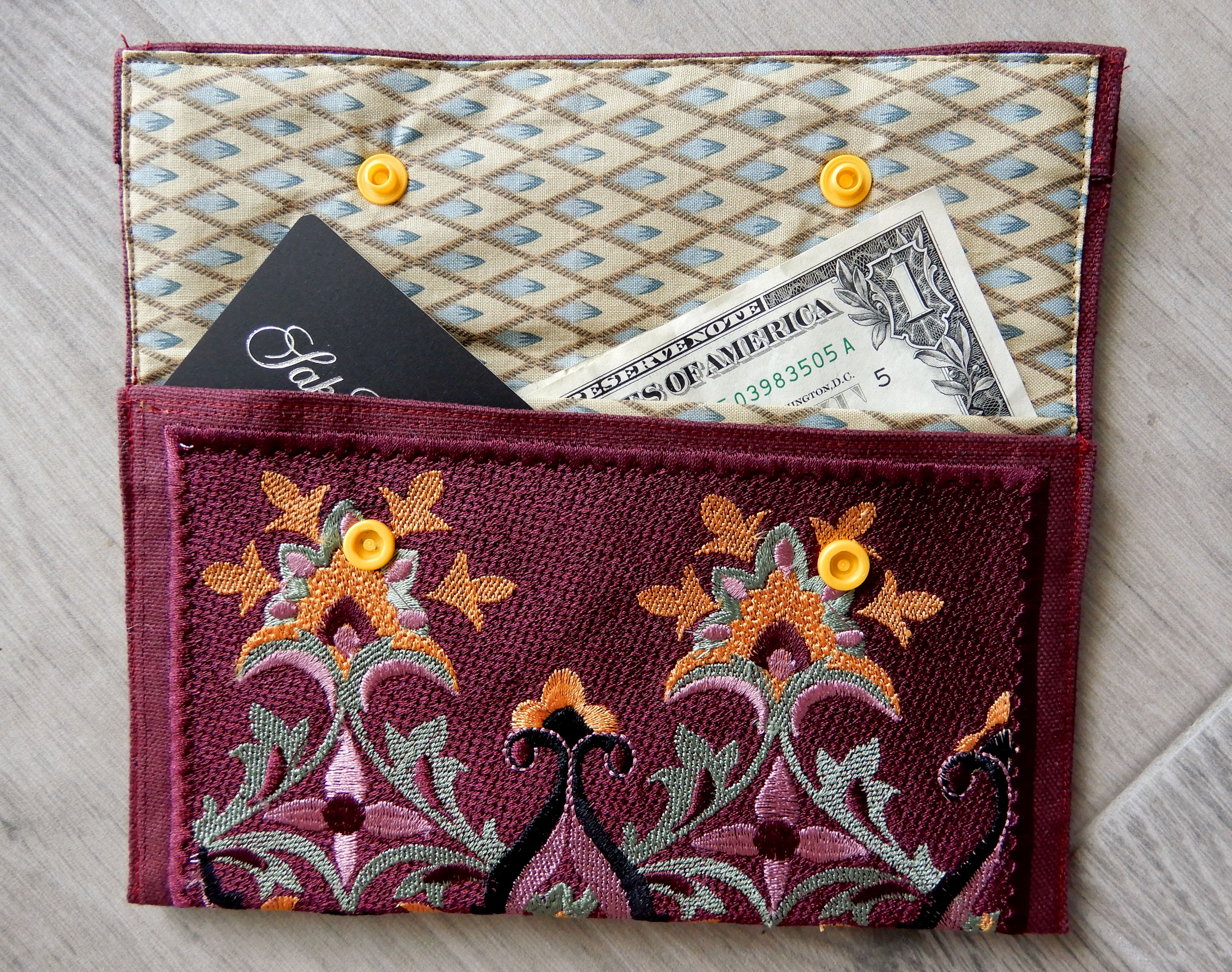 large-tapestry-embroidered-mint-burgundy-wallet-open-Jen's-Bag-embroidered-bag
