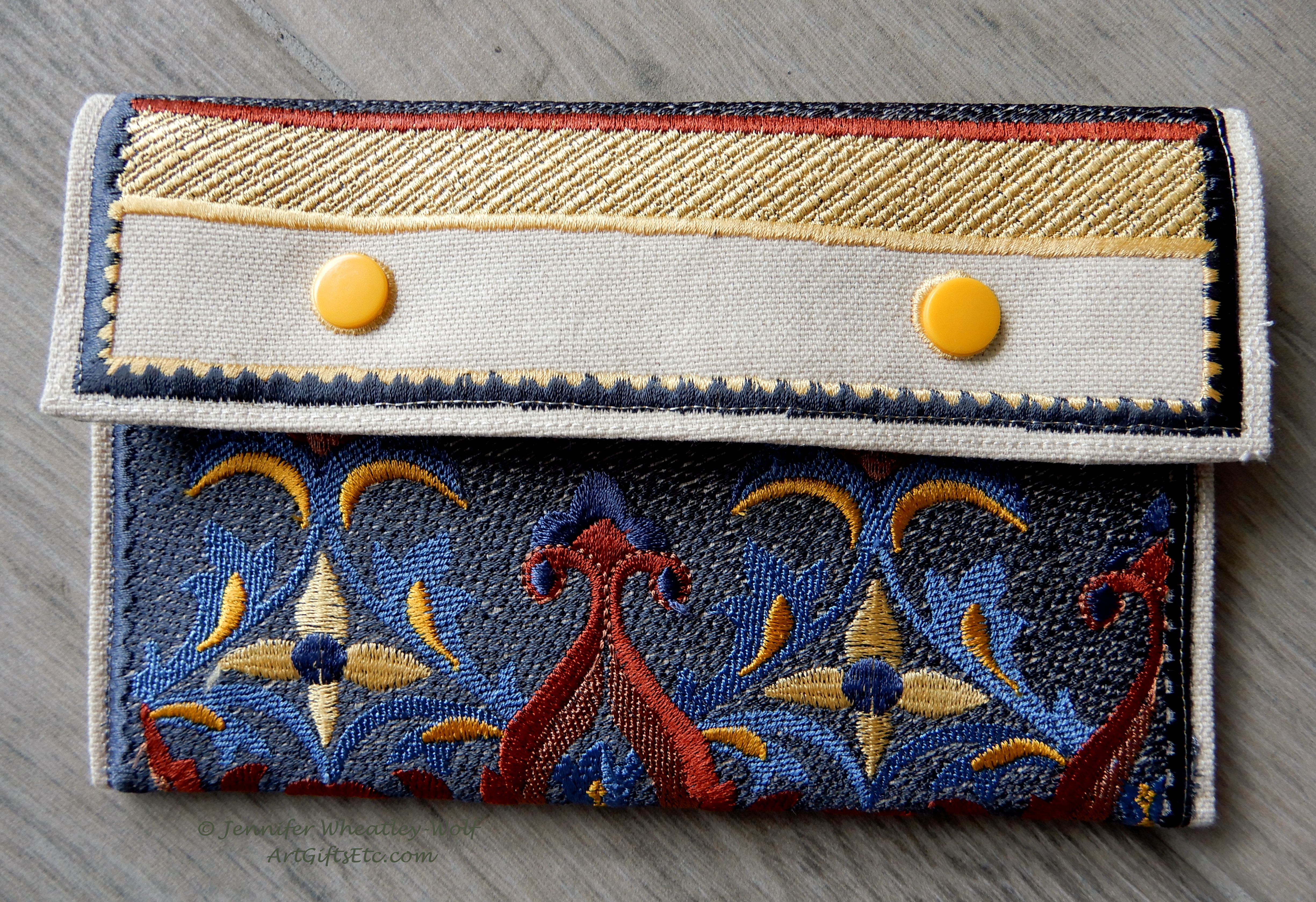 large-tapestry-embroidered-wallet-yellow-rust-blue-front-Jen's-Bag-embroidered-bag