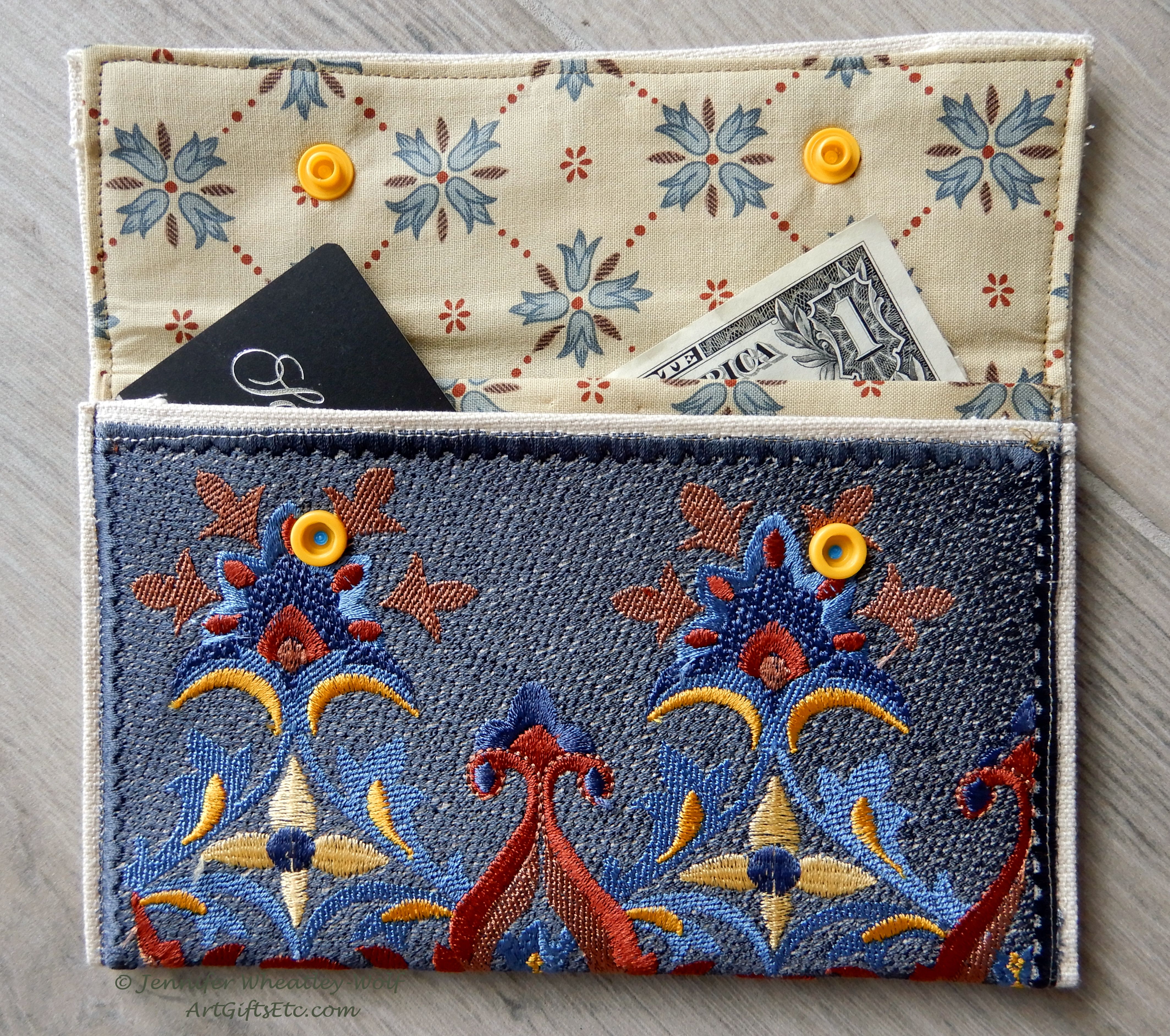 large-tapestry-embroidered-Yellow-rust-blue-wallet-open-Jen's-Bag-embroidered-bag